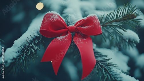 Red Bow Adorns Snow Covered Pine Branch