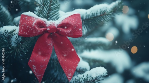 Red Bow Adorns Snow Covered Christmas Tree Branch