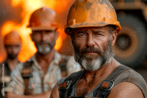 Wallpaper Mural A man with a beard and a hard hat stands in front of a fire Torontodigital.ca