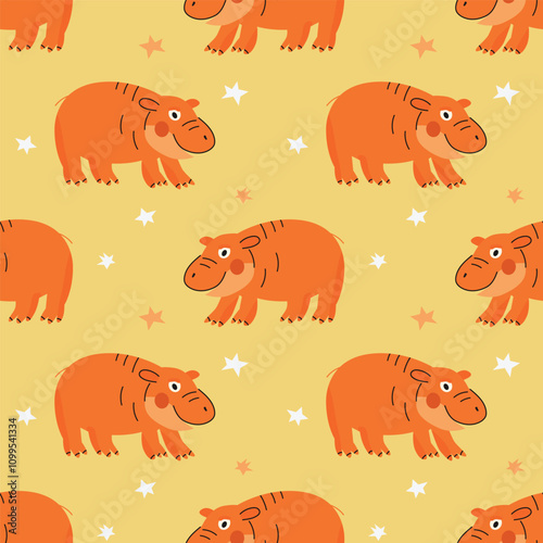 Vector seamless pattern with little hippos on yellow background. Modern design for fabric and paper, surface textures. 