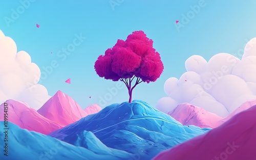 A colorful cartoon tree atop mountains a colorful fantasy illustration style surrealistic sci-fi a magenta and blue color scheme vibrant cartoon colors isometric a simple background clean lines photo