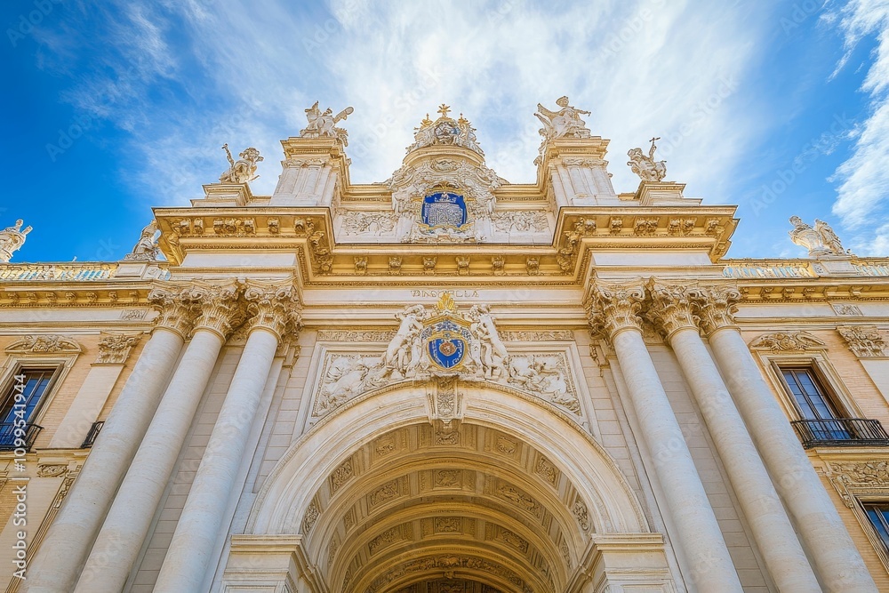 Fototapeta premium Ornate archway, classical columns, sculpted figures.