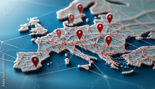 3D map of Europe with red pins for travel planning