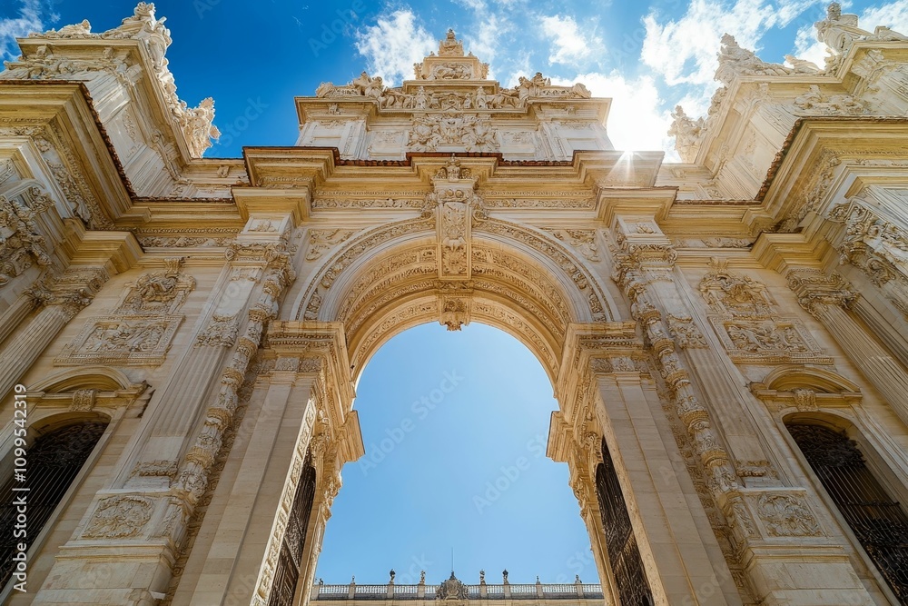 Obraz premium Ornate stone archway, intricate carvings, sunny sky.