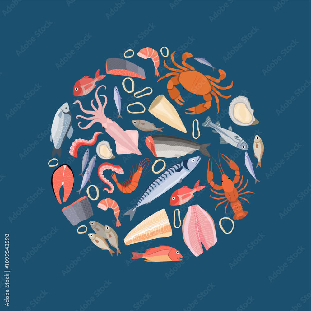 Fototapeta premium seafood background. fishes illustration in circle shape marine or ocean products