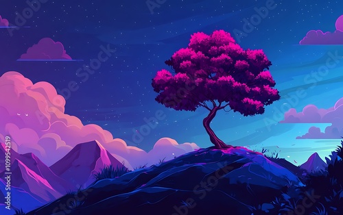 A colorful cartoon tree atop mountains a colorful fantasy illustration style surrealistic sci-fi a magenta and blue color scheme vibrant cartoon colors isometric a simple background clean lines photo