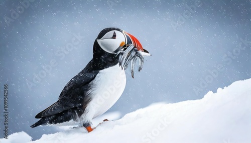 snowy weather Atlantic puffin feeding on fishes in its mouth photo