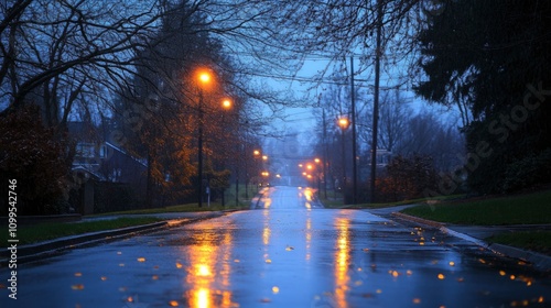 A tranquil, rain-soaked street illuminated by streetlights at dusk. photo