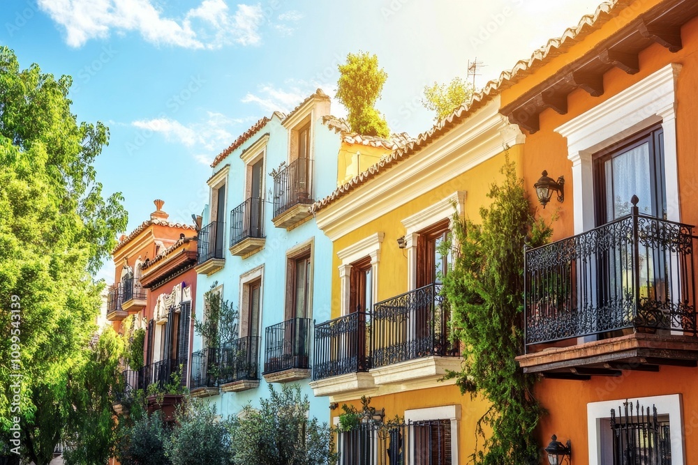 Fototapeta premium Colorful buildings, balconies, vibrant street, sunny day.