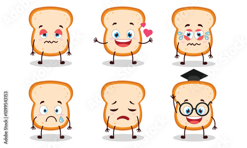 funny slice of bread cartoon character with different pose activity design illustration