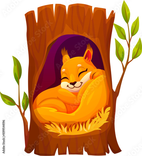 Cartoon squirrel character peacefully sleeping inside a hollow tree trunk, showcasing a tranquil forest scene. Isolated vector cute and funny forest animal personage captures a playful woodland vibe