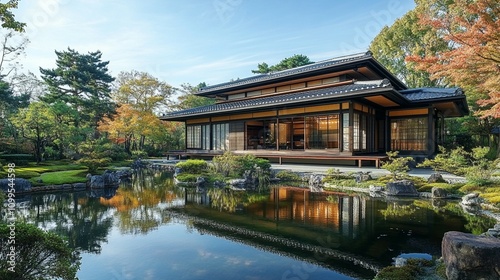 A picturesque Japanese home with a peaceful pond and vibrant trees, blending architecture harmoniously with nature. photo