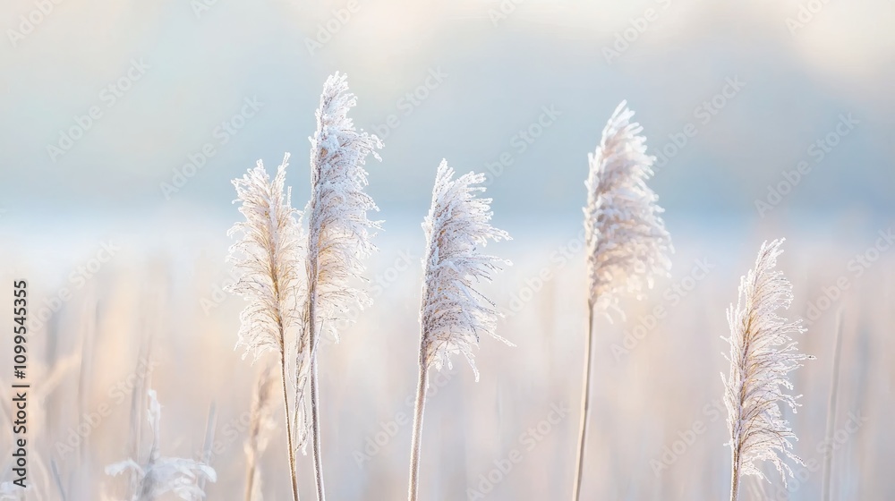 Fototapeta premium A serene image of frost-covered plants in soft focus, creating a tranquil winter landscape