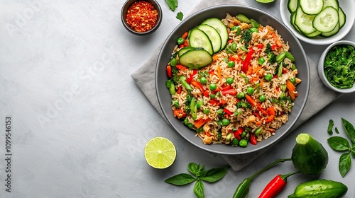 A colorful bowl of fried rice topped with fresh vegetables, served with lime, herbs, and chili on a light grey background.