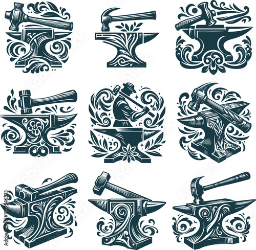 Decorative Blacksmith Anvil And Hammer Collection With Ornamental Swirls Design