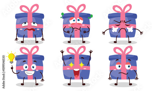 funny blue gift box cartoon with different expressions design illustration