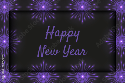 Firework explosion New Year greeting banner template design. Firework Frame with greeting text. Vector illustration. 