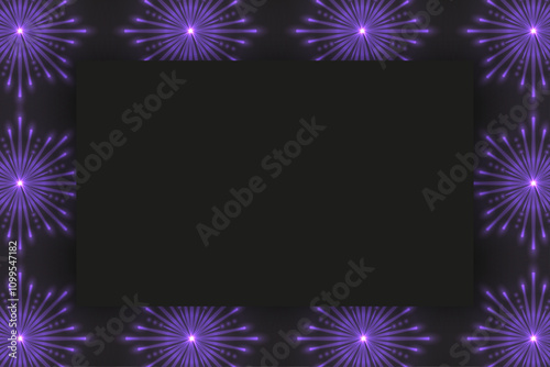 Shine new year stars Frame template design. Horizontal banner with Firework Frame and Blank space for greeting text. Firework explosion background. Vector illustration. 