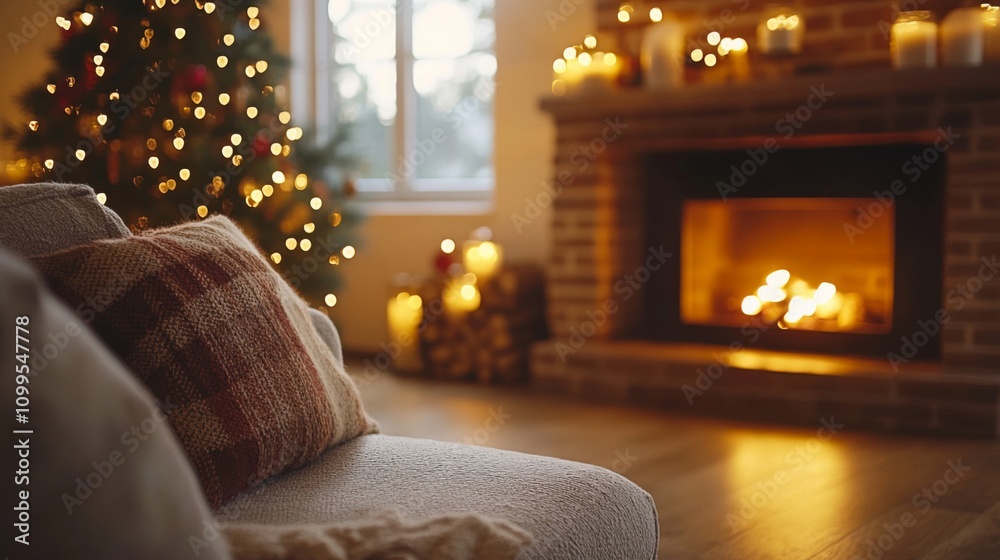 Obraz premium Cozy Christmas living room scene with fireplace and tree