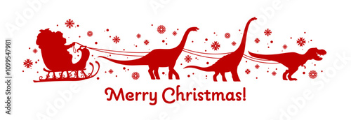 Santa on Christmas sleigh with dinosaurs for winter holiday, cartoon vector silhouette. Merry Christmas greetings with T Rex tyrannosaurus dinosaur as reindeer in sleigh with Santa and New Year gifts