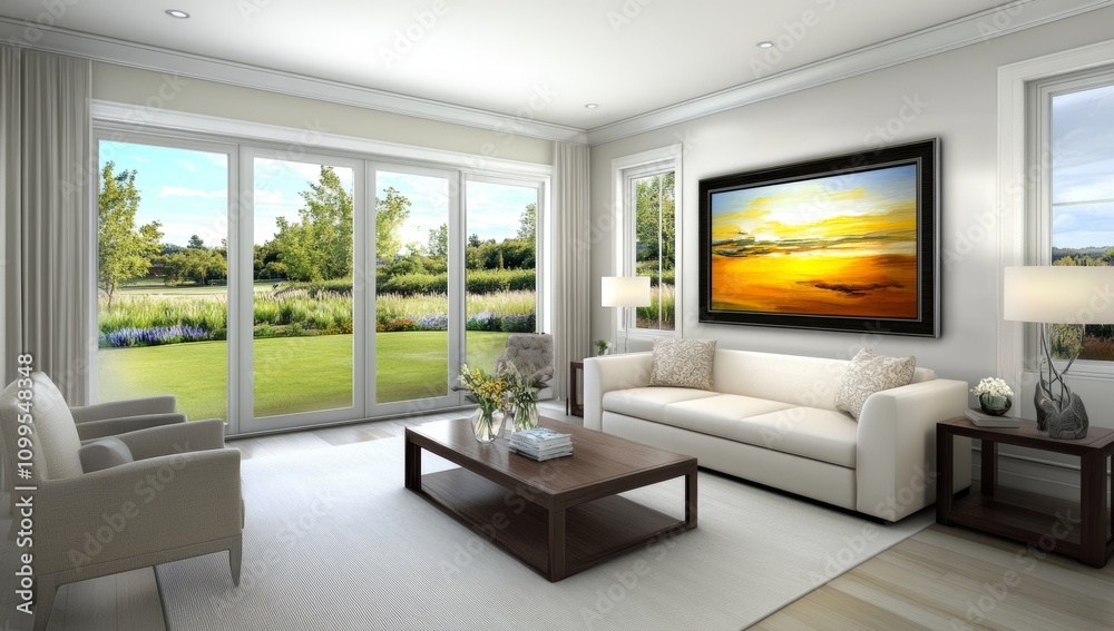 Fototapeta premium Simple living room with light-colored wooden floors and pastel accents