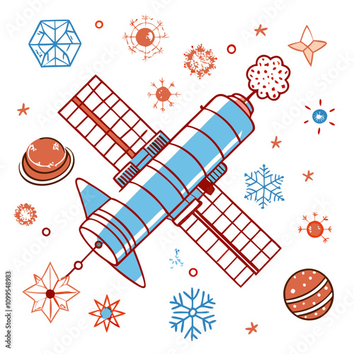 Space Station Winter Wonderland: A charming and whimsical illustration of a space station orbiting a snowy planet, surrounded by colorful snowflakes and ornaments.