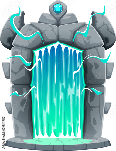 Magic fantasy teleport, fairytale game asset, portal door or gate. Cartoon vector enchanted water like barrier between ancient stones with mystical gem crystal at the top casts an ethereal blue light