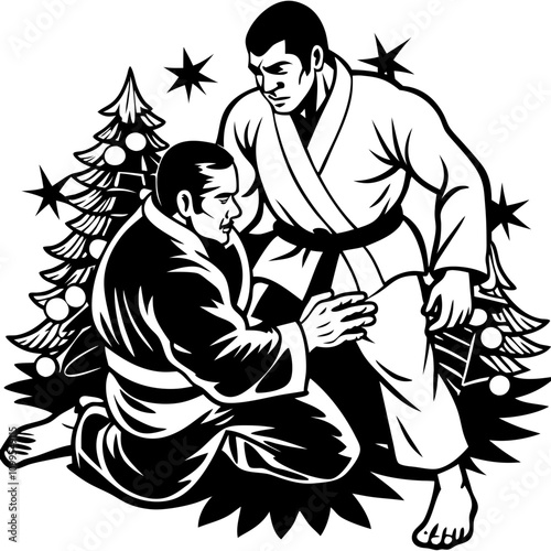 Judo Christmas:  A black and white illustration depicting two judo fighters, one in a kneeling position while the other applies a technique, set against the backdrop of Christmas trees and stars.  