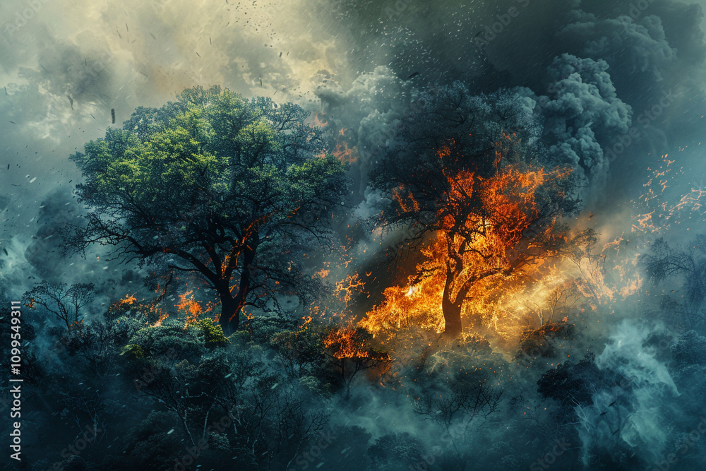 Fototapeta premium A vibrant forest transitioning to scorched, charred trees with thick smoke rising, highlighting environmental devastation from forest fires.