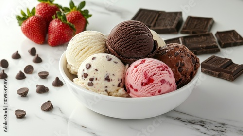 Bowl with balls of vanilla, chocolate, strawberry ice cream with chocolate and strawberry on table photo