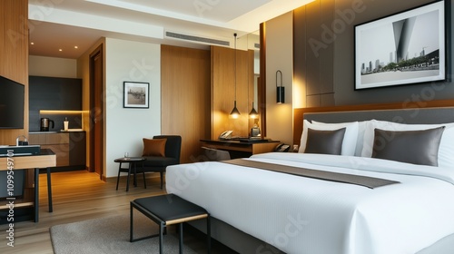 Modern hotel room with a large bed, comfortable seating area, and contemporary decor, featuring neutral tones and soft lighting. Compact kitchenette with sleek appliances and wooden finishes.