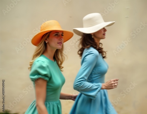 Two women wear vibrant green, blue dresses, white hats. Walk quickly along light beige wall. Motion blur suggests speed, movement. Urban setting. Lively scene. Daily activity. Fashionable, modern. photo