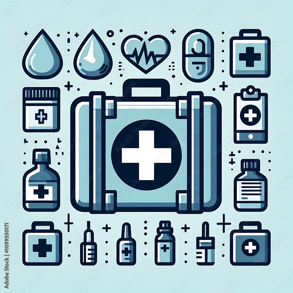 Obraz premium First aid kit flat icons set. Bandage, adhesive plaster, painkiller, antipyretic pills, clinic thermometer, ice gel pack. Vector medical supplies cartoon collection