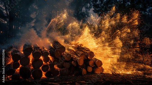 Dramatic Scene of Fire Engulfing a Pile of Logs in a Dark Environment with Sparks and Flames Erupting, Capturing the Intensity of Nature's Fury