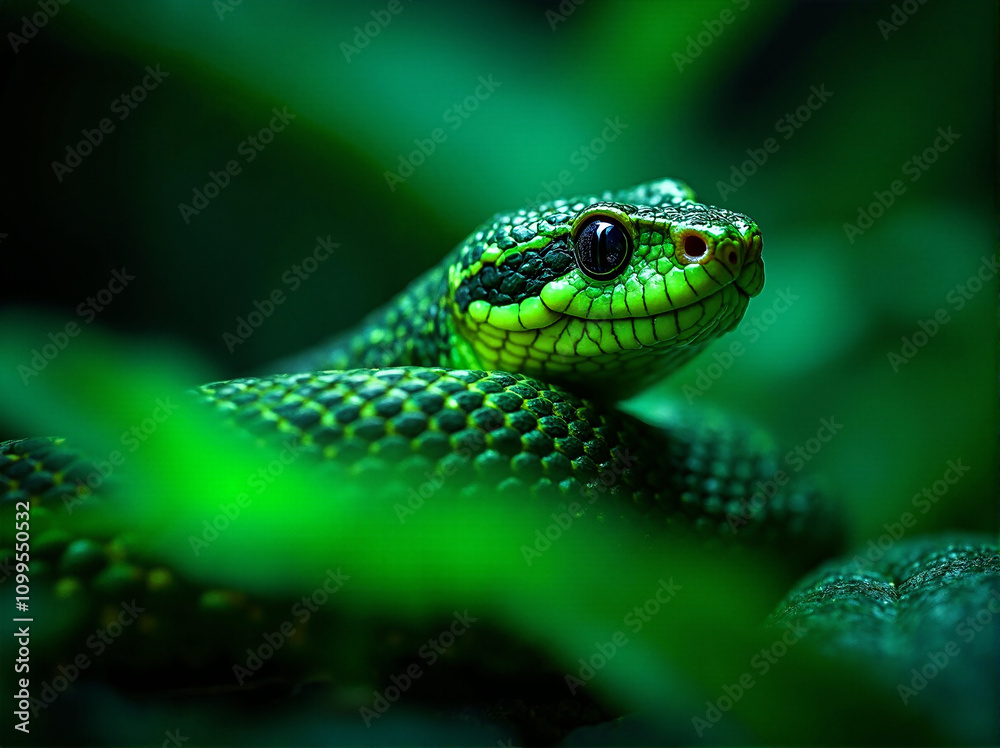 Fototapeta premium Green tree snake symbol of 2025 in the jungle near the water