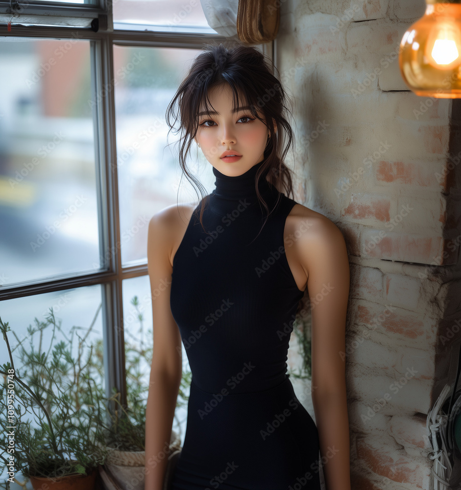 Naklejka premium 美女, 女性, 美しい, 顔, モデル, 日本, 韓国, 中国, アジア, カフェ, ファッション