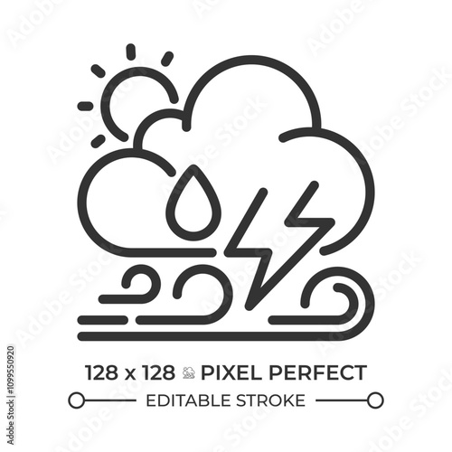 Weather forecast linear icon. Various weather patterns. Changing atmospheric conditions. Meteorology. Thin line illustration. Contour symbol. Vector outline drawing. Editable stroke