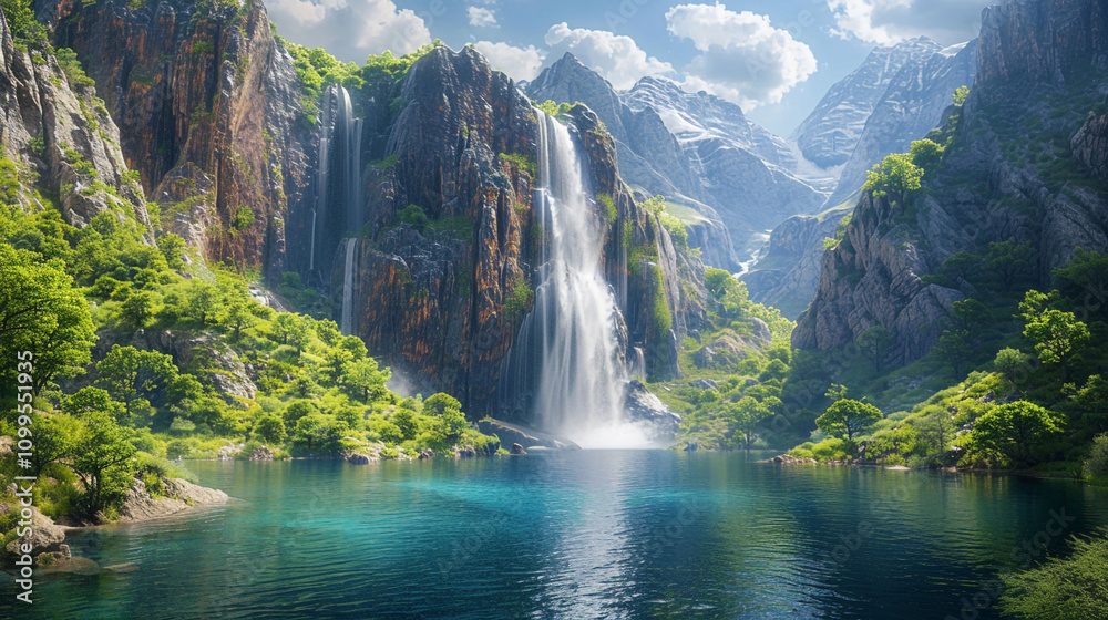 Fototapeta premium A picturesque valley with a gentle waterfall flowing into a mirror-like lake. The scene is framed by dense forest and steep cliffs, capturing nature's tranquility.