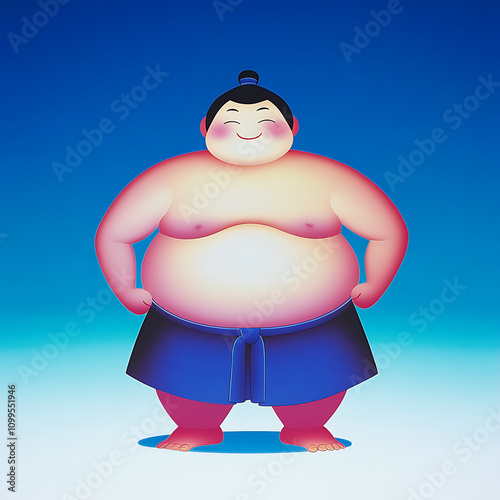 cheerful sumo wrestler stands confidently against gradient blue background, showcasing traditional attire and joyful expression photo