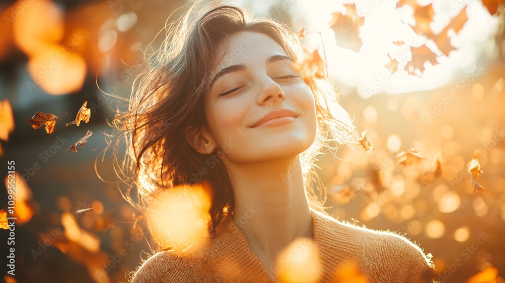 Fototapeta premium Young woman with closed eyes enjoys autumn sunlight and falling leaves