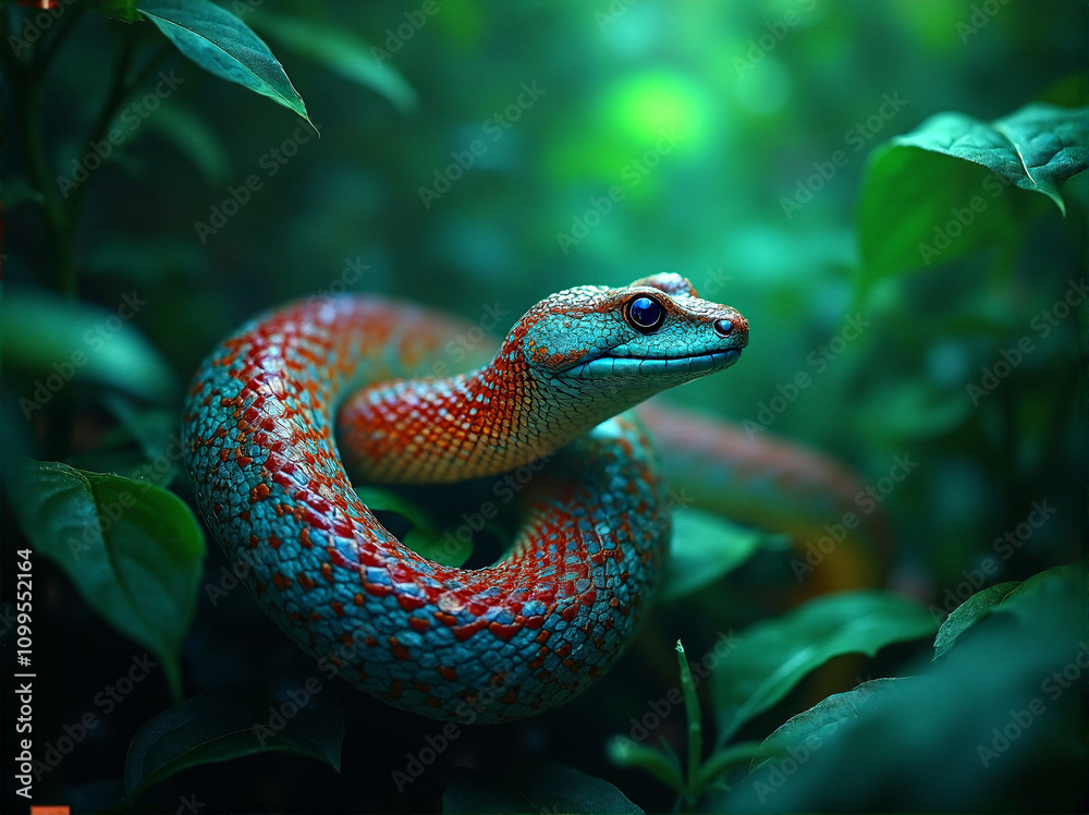 Green tree snake symbol of 2025 in the jungle near the water Green tree snake symbol of 2025 in the jungle near the water