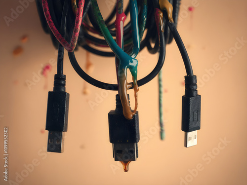 Drip paint headset. USB-c cables tangled with  HDMI cables Colorful brilliant tones. Paint splatters in sepia toned background. Water Condensation effect, photograph, hyper realistic, intricate detail photo