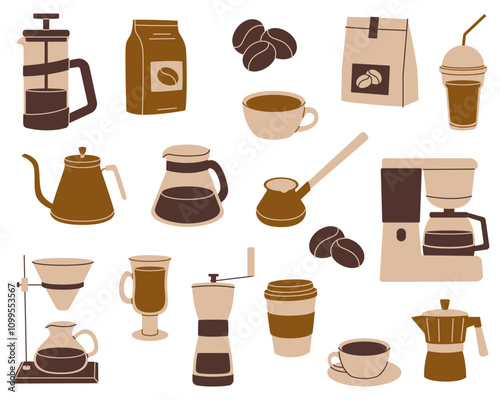 Coffee lover set. Collection of simple flat cliparts with coffee making items
