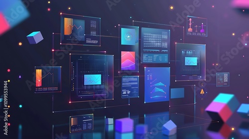 A sleek, dark-mode AI interface analyzing objects in a video feed with colorful bounding boxes and rotating 3D data visualizations around each detected object