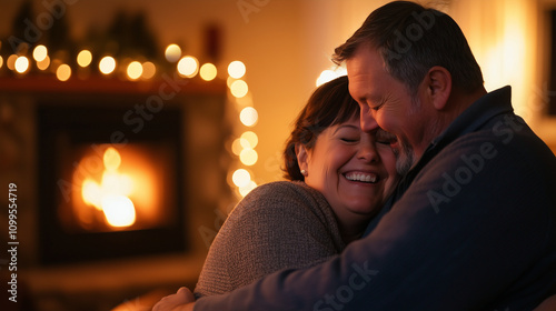 Happy Couple Embracing in Cozy Living Room by Fireplace photo