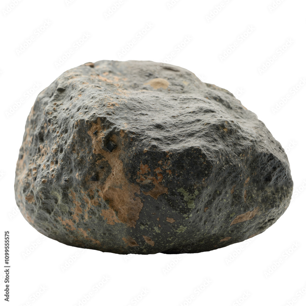 Fototapeta premium A rough, textured rock with shades of gray and brown is isolated against a black background. The image emphasizes the rock's natural form and geological characteristics.
