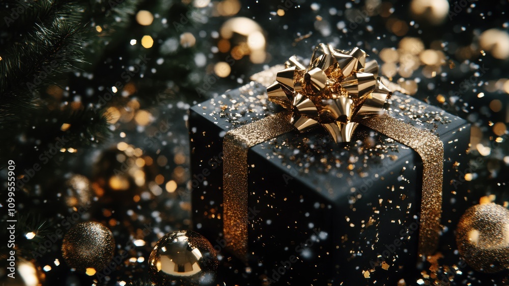 elegant black christmas gift box adorned with gold ribbon and surrounded by golden ornaments in a sparkling elegant black christmas gift box adorned with gold ribbon and surrounded by golden ornaments in a sparkling