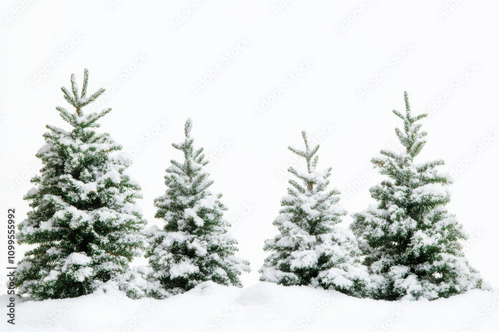 Fototapeta premium snow covered christmas trees in winter landscape isolated on white background with copy space