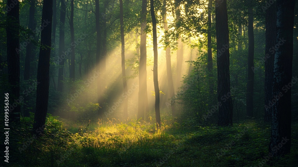 Fototapeta premium Morning sunlight shining through foggy forest trees