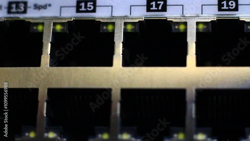 Super macro of working Ethernet Switch. Utp cables. 10/100/1000 Mbps.